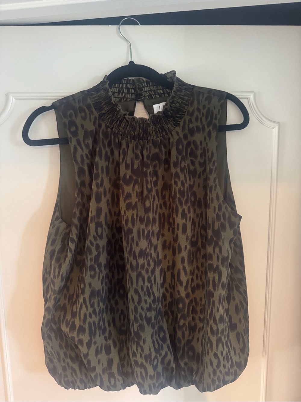 THML Olive and Brown Leopard Print Sleeveless Mock Neck Top